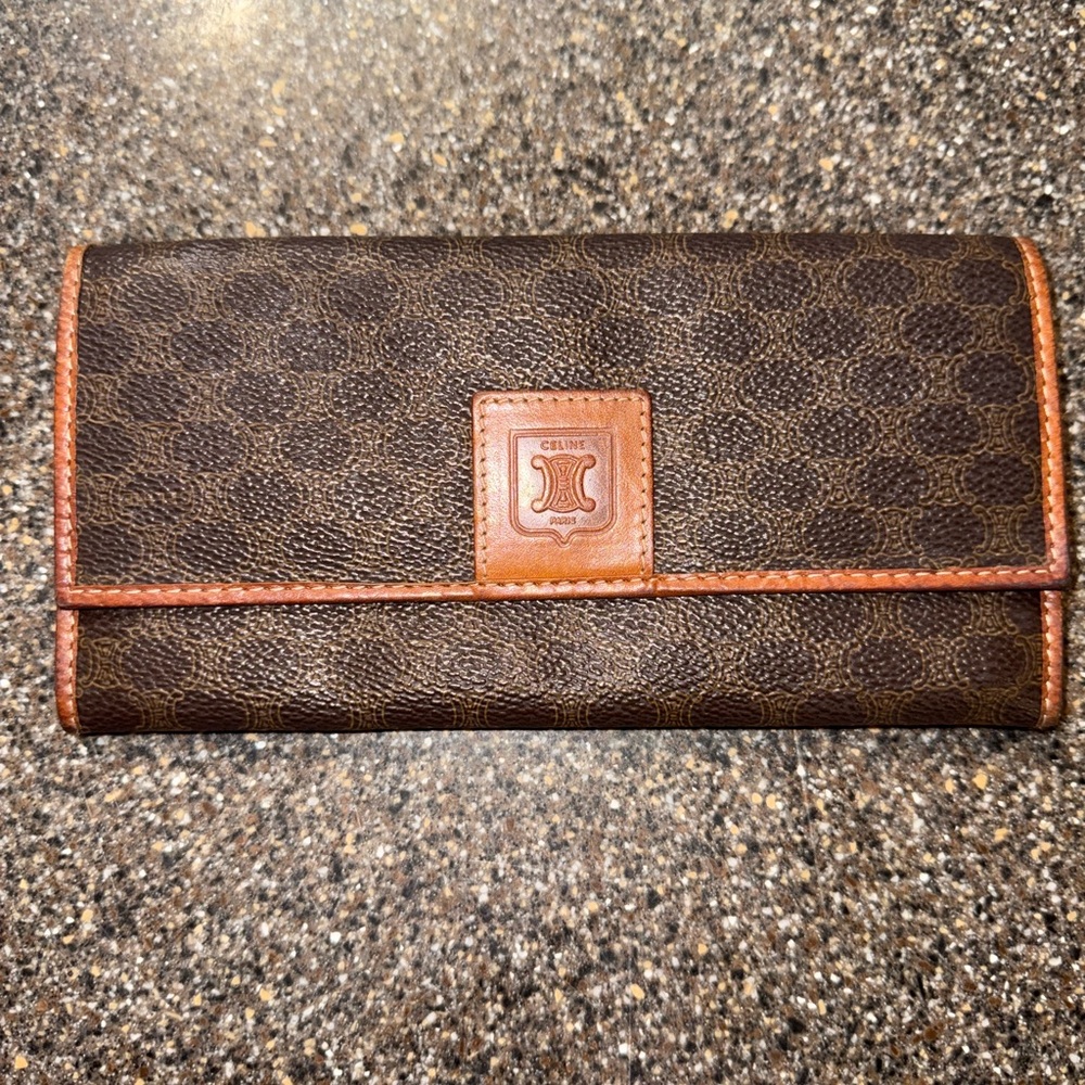 Vintage Celine Macadam Canvas Triomphe Long Wallet – Brown with COA